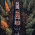 Aerial View of Rusty Train in Untamed Forest. Generative ai