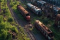 aerial view of rusty trains and overgrown tracks Royalty Free Stock Photo