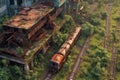 aerial view of rusty trains and overgrown tracks Royalty Free Stock Photo