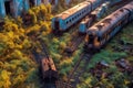 aerial view of rusty trains and overgrown tracks Royalty Free Stock Photo