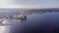 Aerial view of Rutland Water reservoir lake at sunset and foggy. Royalty Free Stock Photo