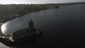 Aerial view of Rutland Water reservoir lake at sunset and foggy. Royalty Free Stock Photo