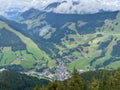 Aerial view on Saalbach village and mountains in Saalbach-Hinterglemm skiing region in Austria on a beautiful summer day