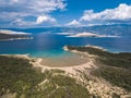 Aerial view of Sahara beach in Rab Island, forests around and mainland of Croatia.