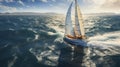 Aerial view of sailboat in windy condition. Regatta sailing ship yachts with white sails at open sea. Generative AI