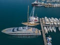 Aerial view of sailboats and moored boats. Boats moored in the port of Vibo Marina, quay, pier.