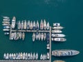 Aerial view of sailboats and moored boats. Boats moored in the port of Vibo Marina, quay, pier.