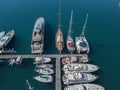 Aerial view of sailboats and moored boats. Boats moored in the port of Vibo Marina, quay, pier.