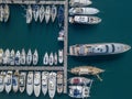 Aerial view of sailboats and moored boats. Boats moored in the port of Vibo Marina, quay, pier.