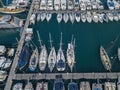 Aerial view of sailboats and moored boats. Boats moored in the port of Vibo Marina, quay, pier.