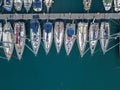 Aerial view of sailboats and moored boats. Boats moored in the port of Vibo Marina, quay, pier.