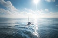 Aerial view of sailing ship in sea, foggy sunrise Royalty Free Stock Photo