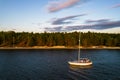 Aerial view of sailing white yacht in sea next to pine forest Royalty Free Stock Photo