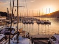 Aerial view, sailing yachts, motor yachts, Croatia. Sunset