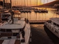 Aerial view, sailing yachts, motor yachts, Croatia. Sunset