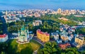 Aerial view of Saint Andrew church and Andriyivskyy Descent, cityscape of Podil. Kiev, Ukraine Royalty Free Stock Photo