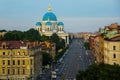 Aerial view of Saint-Petersburg roofs and Holy Trinity Izmailovo Cathedral. Russia