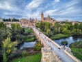 Aerial view of Salamanca with the cathedral and the roman bridge