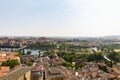 Aerial view of Salamanca from roof of new Cathedral, with roman bridge and  Enrique Estevan bridge over Tormes river, Community of Royalty Free Stock Photo