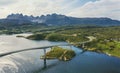 Aerial view Saltstraumen bridge road in Norway landscape