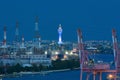 Aerial view of Samut Prakan Observation Tower and industry factory, river, cargo ship in the export and import business and