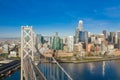 Aerial view of the San Francisco, California, skyline at sunrise. Ample copy space in blue sky.