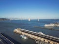 Aerial view San Francisco-Oakland Bay Bridge and Pier 3 waterfront Royalty Free Stock Photo