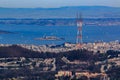 Aerial view of San Francisco skyline and Alcatraz island with Sutro tower in the foreground, fly over Twin Peaks Royalty Free Stock Photo