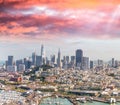 Aerial view of San Francisco skyline and Pier 39 on a beautiful Royalty Free Stock Photo