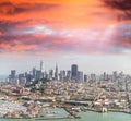 Aerial view of San Francisco skyline and Pier 39 on a beautiful Royalty Free Stock Photo