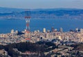 Aerial view of San Francisco skyline with Sutro tower in the foreground, fly over Twin Peaks Royalty Free Stock Photo