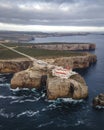 Aerial view of the San Miguel Lighthouse facing the Atlantic ocean, Sagres, Algarve, Portugal. Royalty Free Stock Photo