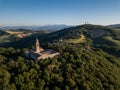 Aerial view of the sanctuary of Beato Sante in Mombaroccio on the hills of Pesaro Marche, Italy