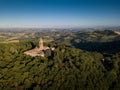 Aerial view of the sanctuary of Beato Sante in Mombaroccio on the hills of Pesaro Marche, Italy