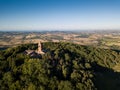 Aerial view of the sanctuary of Beato Sante in Mombaroccio on the hills of Pesaro Marche, Italy