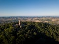 Aerial view of the sanctuary of Beato Sante in Mombaroccio on the hills of Pesaro Marche, Italy