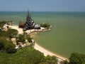Aerial view Sanctuary of truth is gigantic wooden construction in Pattaya, Thailand.