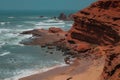 Aerial view of sandstone cliffs in Legzira Beach. Rugged coastline in Tiznit Province. Sea in Morocco, Africa. Atlantic Ocean. Royalty Free Stock Photo