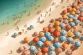 Aerial view of sandy beach with colorful umbrellas, swimming people in sea bay with transparent blue water in summer Royalty Free Stock Photo