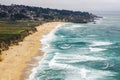 Aerial view of sandy beach in Montara, the Pacific Ocean coastline, California