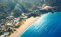 Aerial view of sandy beach in Oludeniz, Turkey. Summer landscape