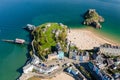 Aerial view of a sandy beach in a picturesque resort Castle Beach, Tenby, Wales