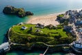 Aerial of a sandy beach in a picturesque resort Castle Beach, Tenby, Wales