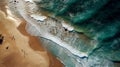 Aerial view of sandy beach with waves perfect spot for surfing. generative ai Royalty Free Stock Photo