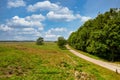 Aerial view of a sandy path along the edge of the forest. Picture taken by a drone from above a picturesque landscape Royalty Free Stock Photo