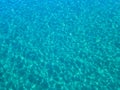 Aerial view of a sandy seabed, crystal clear blue water, reflections of the sun cause ripples on the sea surface