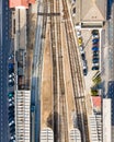 Aerial view of Santa Apolonia train station, view of the railways from top with building on site, Lisbon, Portugal Royalty Free Stock Photo