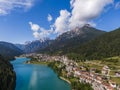 Aerial view of Santa Caterina lake and Auronzo di Cadore comune, Dolomites