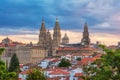 Aerial view of Santiago de Compostela city with Cathedral and buildings at sunrise, Galicia, Spain. Galician gothic Royalty Free Stock Photo