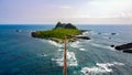 Aerial view of Sanxiantai bridge connecting the small rocky island with the shore. Royalty Free Stock Photo